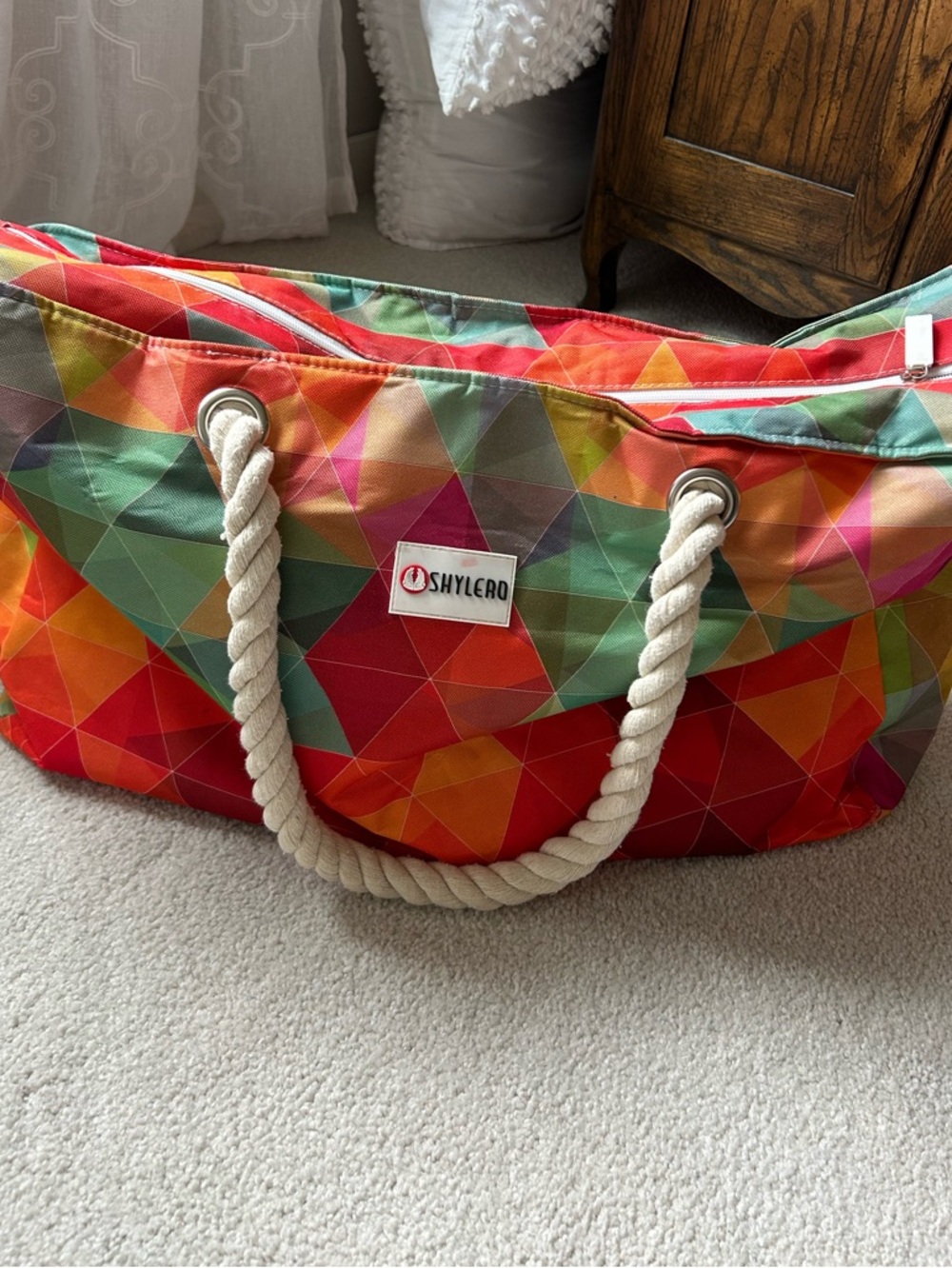 Large Colorful Geometric Rope-Handle Tote for Beach/Pool - Picture 9 of 16